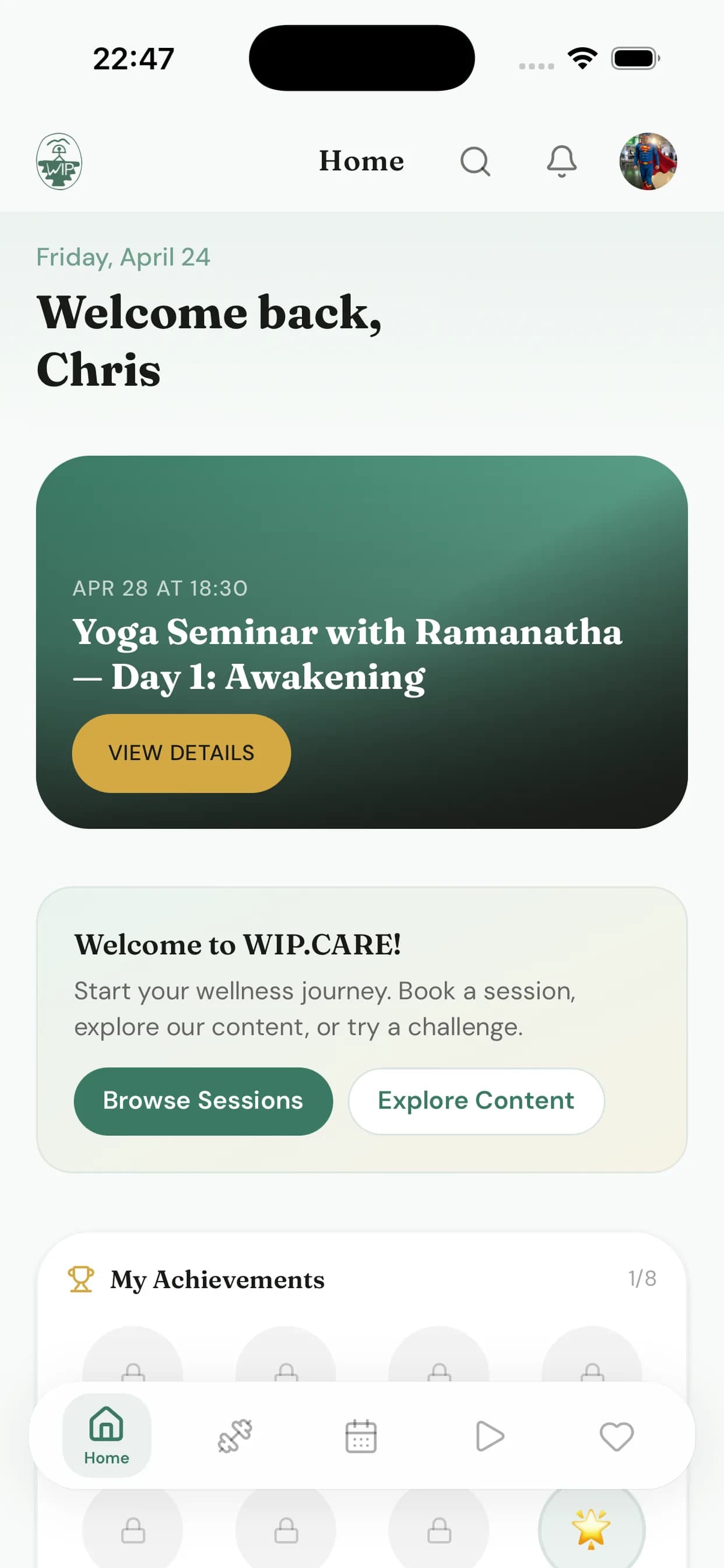 App WIP Care su iPhone — calendario delle pratiche a Gran Canaria